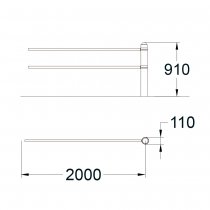 Måttskiss på Ströget räcke H900, bassektion i stål med längd 2000 mm och höjd 910 mm.