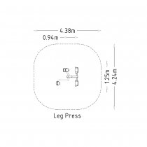 Fallskyddsområde och mått för benpress utomhusgym – 4,38 × 4,24 meter