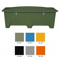 Färgkarta förvaringslåda utomhus mossgrön, blå, gul, svart, grå och orange