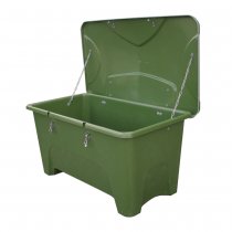 Förvaringslåda utomhus 750 liter mossgrön med öppet lock och kätting