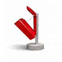 Röd tiltad hundlatrin papperskorg monterad på fundament med stolpe