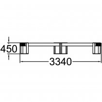 Teknisk ritning av tregrenad Momentum utebänk – höjd 450 mm och längd 3340 mm.