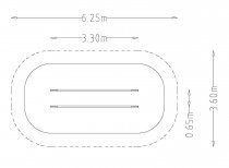 Teknisk ritning över fallskyddsområde för Parallellbars utegym 6,54×3,67 meter