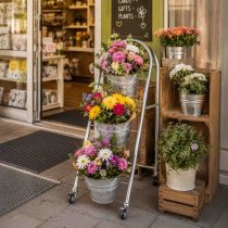 Ställ med 3 hinkar av zink för blommor utanför butik