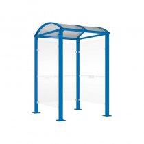 Blått väderskydd för betalterminaler 1560×1560 mm i RAL 5010, med glasväggar och UV-skyddat tak