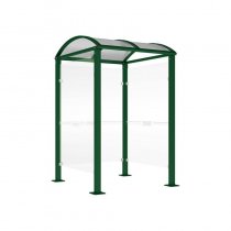 Mörkgrönt väderskydd för betalterminaler 1560×1560 mm i RAL 6005, med kupoltak och glas