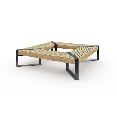 Fyrkantig Momentum utebänk 1800×1800 mm i naturlig furu och svart stålram RAL 9005.