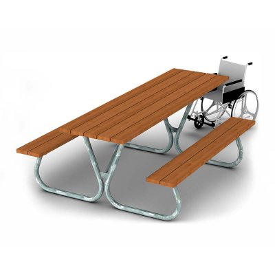 Hallon bänkbord för barn med plats för rullstol – tillgänglighetsanpassad modell i barkbrun furu och galvaniserad stålram.