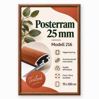 Snäppram 70x100 cm med mörk träimitation och 25 mm aluminiumprofil